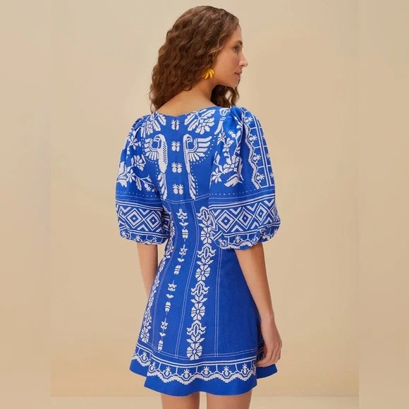 FARM Rio Tropical Printed Blue Euroflax Premium Linen Mini Dress Size Medium NWT - Picture 2 of 13